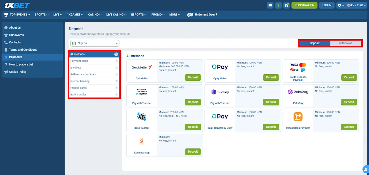 Live Beting 1xBet Payment Methods Screenshot